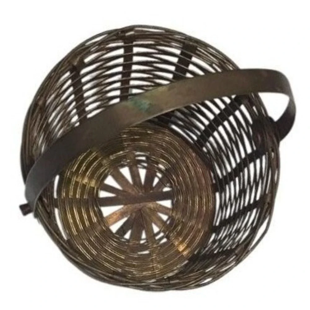VINTAGE‎ metal basket patina brass color braided working hinged handles 1